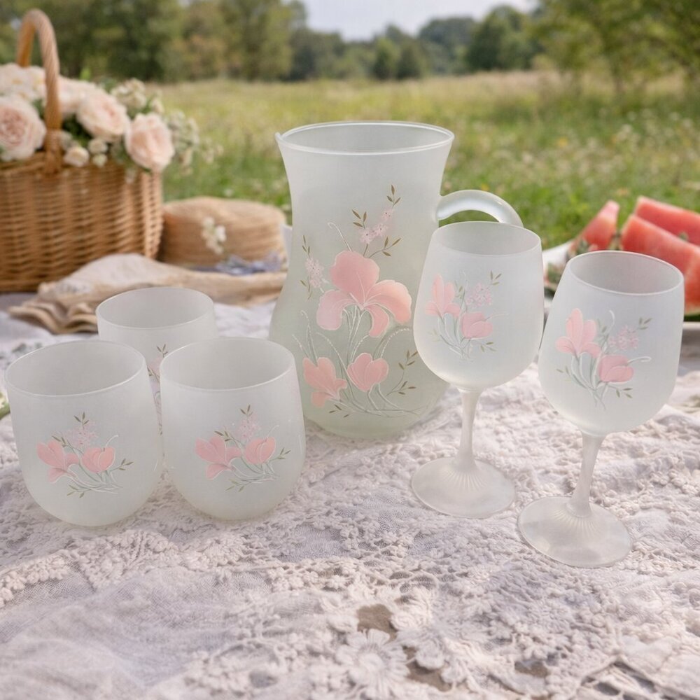 Vintage 1980s Pink Iris Italian Satin Frosted Glass Pitcher, 2 Wine & 3 Tumblers